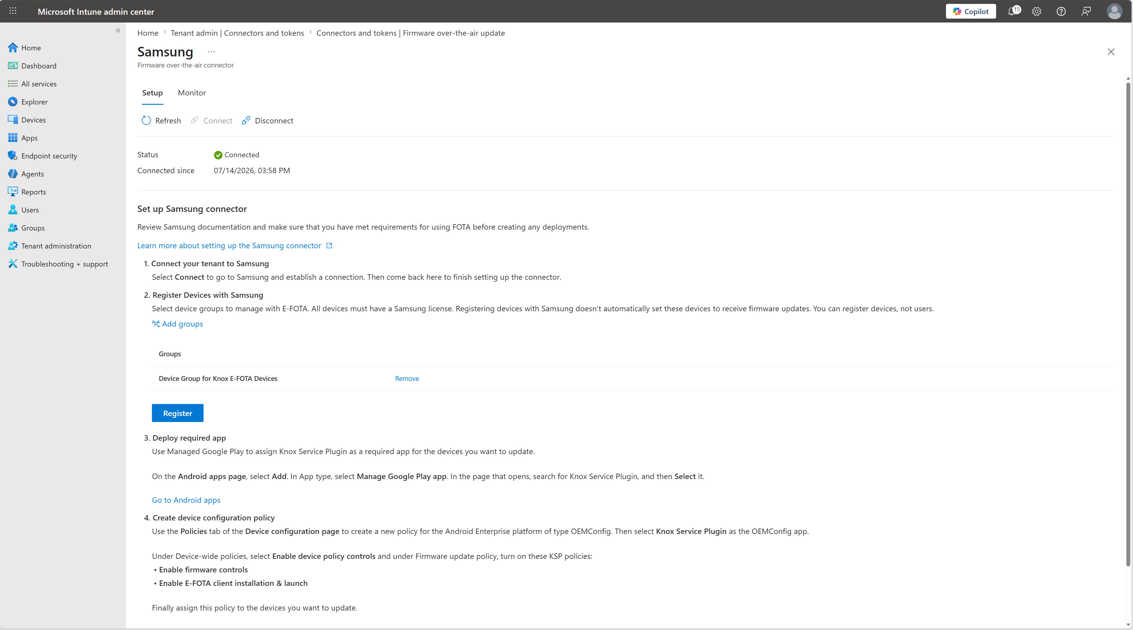 Samsung Knox E-FOTA connector within the Microsoft Intune admin center.