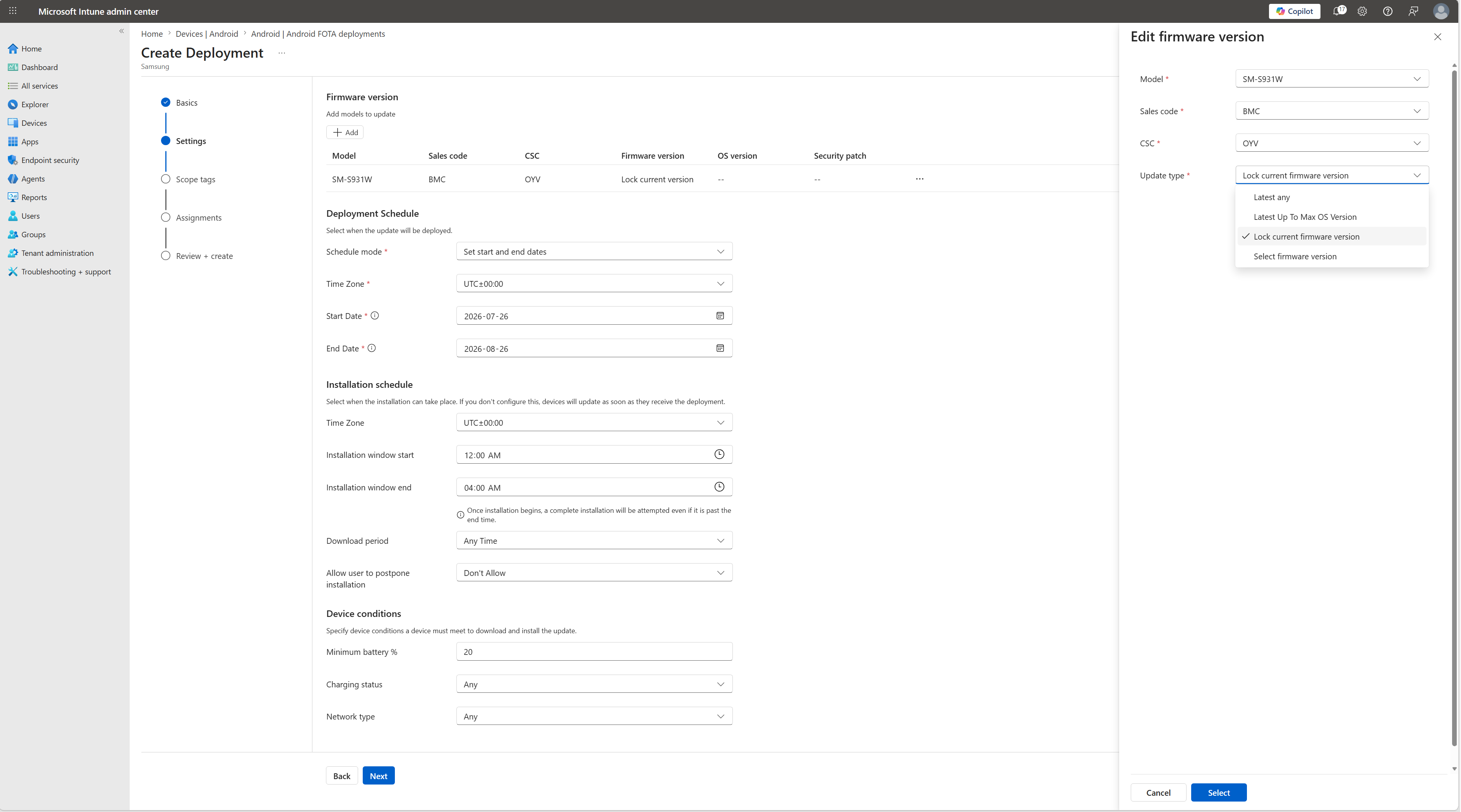 Samsung Knox E-FOTA connector within the Microsoft Intune admin center.