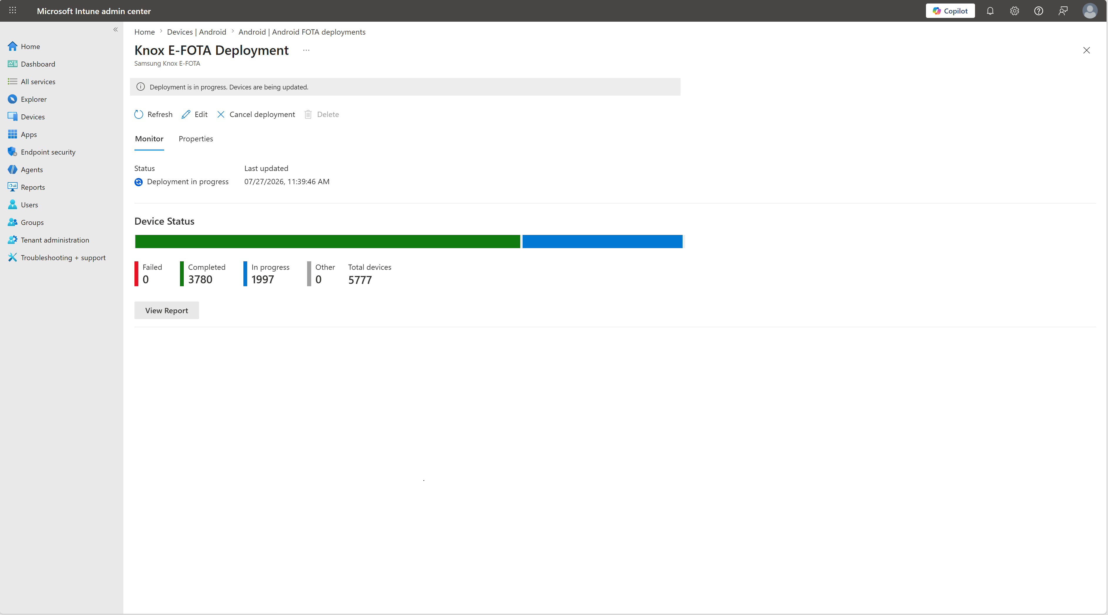 Samsung Knox E-FOTA deployment report within the Microsoft Intune admin center.