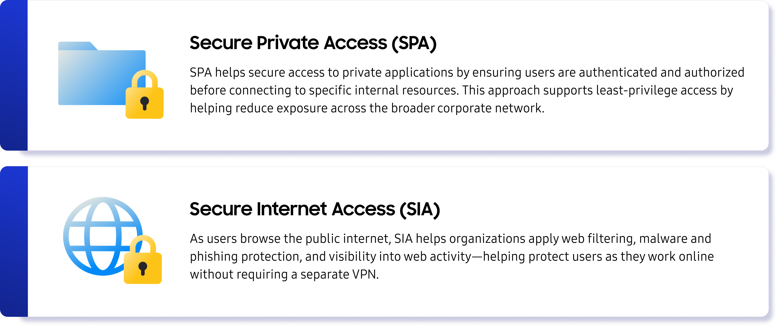 An illustration outlining the two access experiences supported by the Cisco ZTA client for Samsung Knox: Secure Private Access (SPA) for authenticated access to private applications, and Secure Internet Access for web filtering, malware protection, and visibility into internet activity.