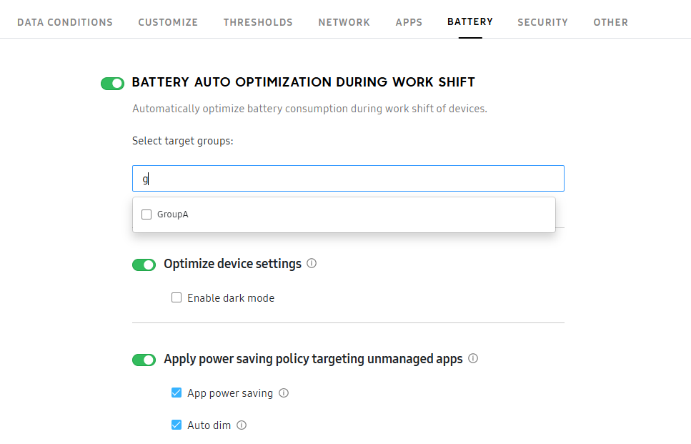 Apply battery optimization policies by team, site, or device groups