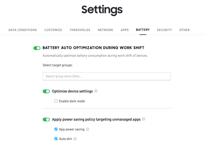 The battery optimization enablement policies directly in the Knox Asset Intelligence dashboard